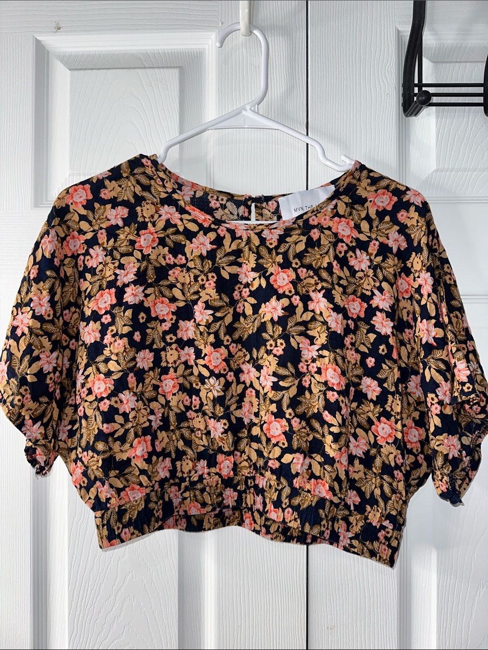 Floral Crop Top in Black with Pink & Gold Print